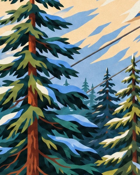 Die hohen Tannen mit schneebeladenen Ästen und rotbraunen Stämmen