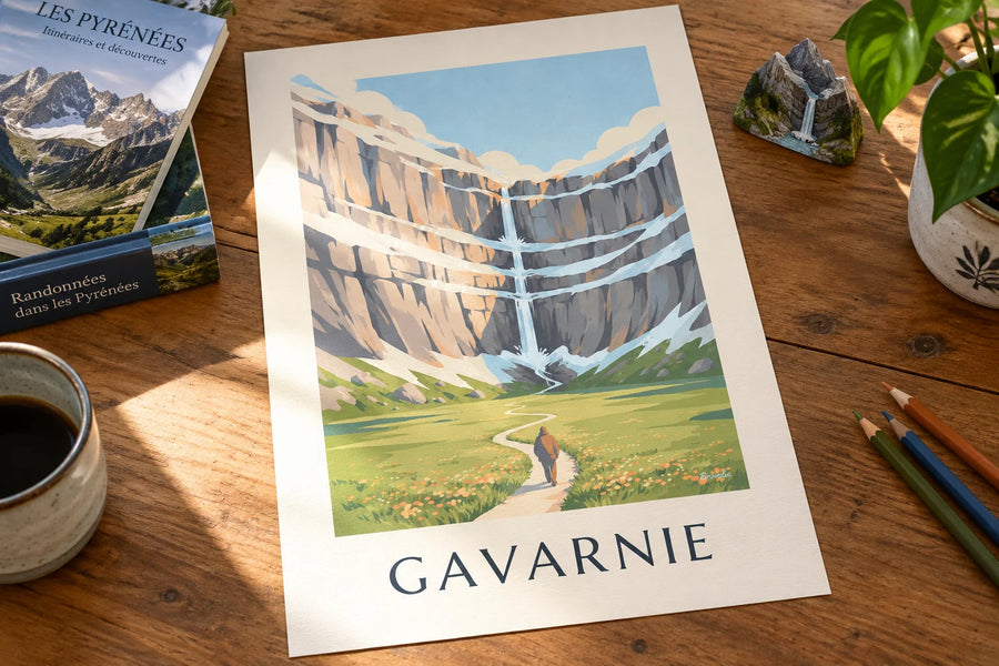 Affiche cirque de Gavarnie et sa grande cascade : posée sur une table