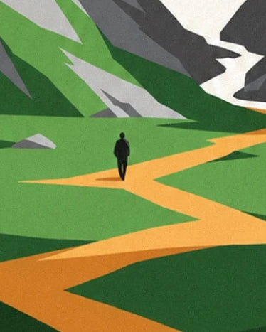 A walker in silhouette on the ochre path bordered by green slopes