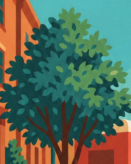 The tree with green and turquoise foliage in front of the orange façade and red van