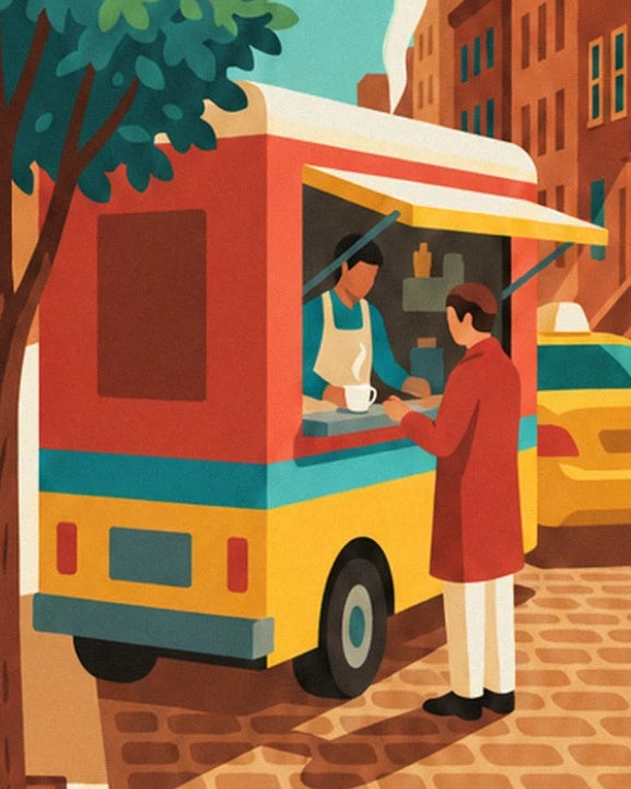The red and yellow coffee van, its server in an apron and its customer in a red coat
