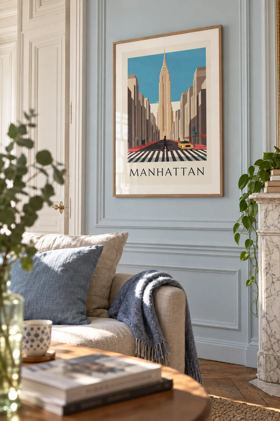 Poster of a Manhattan intersection and crosswalk: framed on the wall