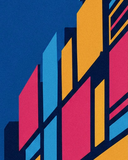 Pink, yellow and light blue illuminated signs on the façades, in large geometric blocks of colour