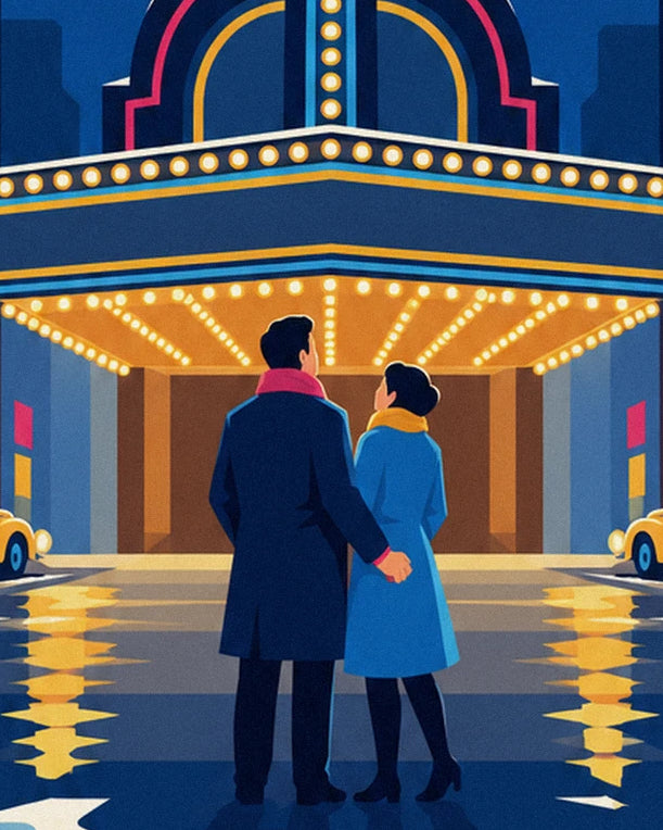 Couple seen from behind beneath the lit canopy, he in a navy coat, she in a blue coat
