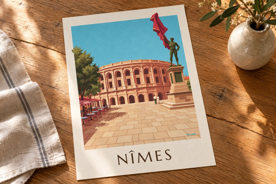 Poster con l'arena di Nîmes e la statua di Nimeño II in un giorno di feria: appoggiato su un tavolo