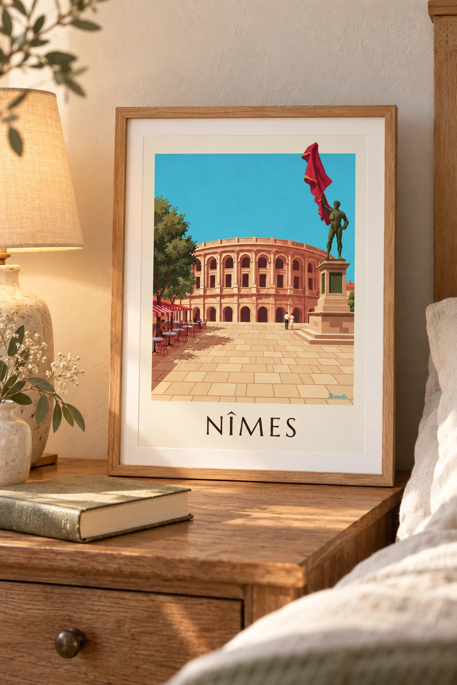 Poster arena di Nîmes e statua di Nimeño II in un giorno di feria: piccolo formato A4 con cornice