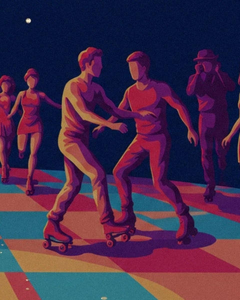 Les 2 patineurs face à face, en débardeurs roses et patins à roulettes