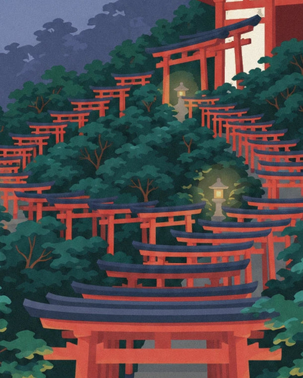 L’allée sinueuse de torii rouges parmi les arbres et les lanternes allumées