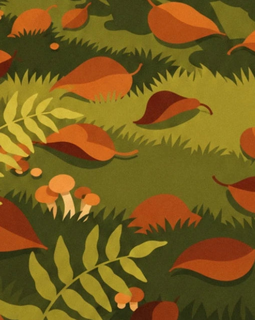 Des feuilles rousses, des fougères et de petits champignons orange sur le sol herbeux