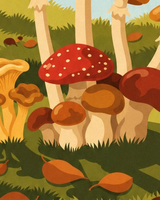 Des champignons aux chapeaux rouges, bruns et dorés parmi les herbes des sous-bois