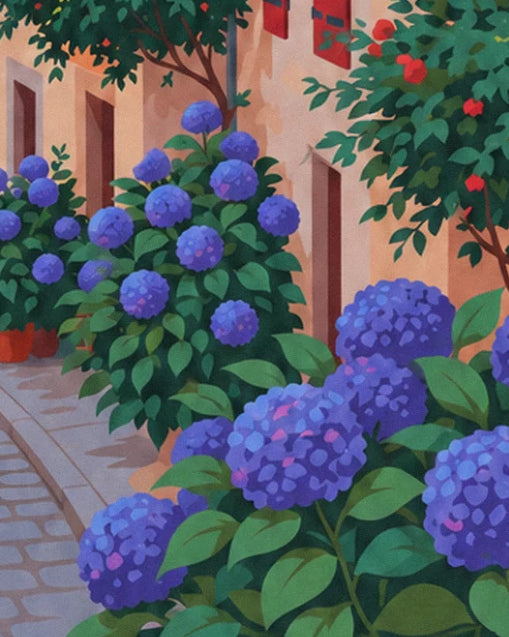 Large blue-purple hydrangea bushes in front of the ochre façade with red shutters
