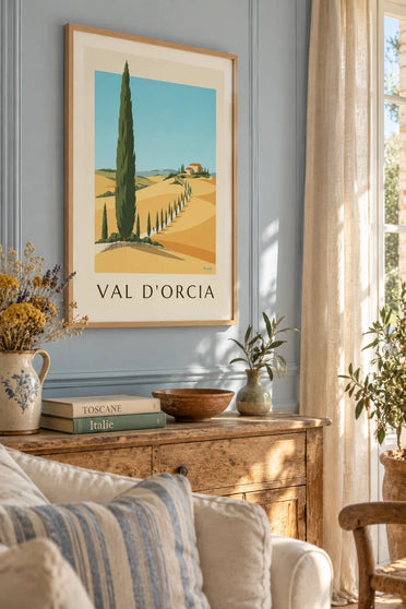 Poster con colline della val d'Orcia e cipressi in Toscana: incorniciato alla parete