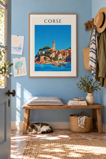 Poster villaggio costiero corso con il suo porticciolo sul Mediterraneo: incorniciato alla parete