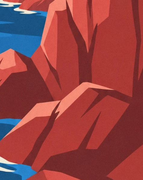 Les rochers rouges aux ombres profondes et la mer bleue entre les parois