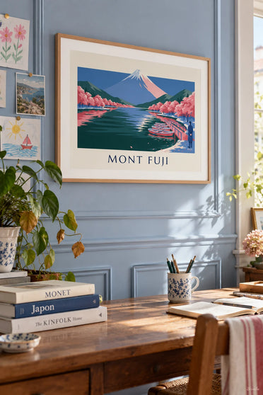 Poster del monte Fuji, ciliegi in fiore e barche al pontile: incorniciato alla parete