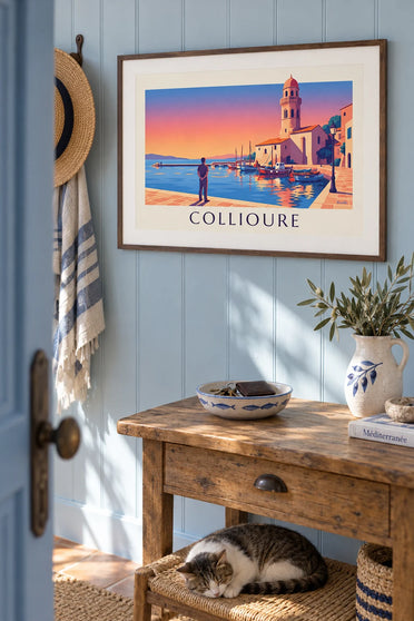 Poster del campanile di Collioure al tramonto: incorniciato alla parete