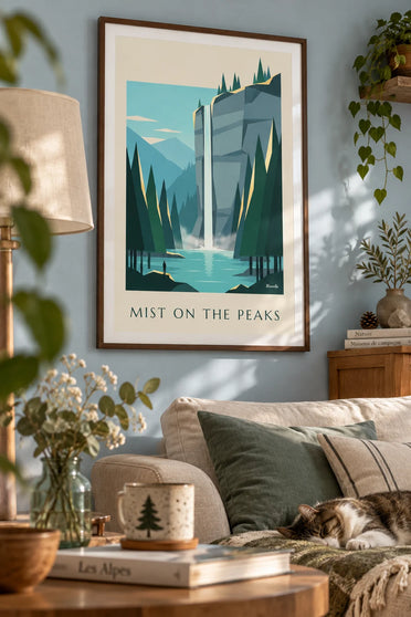 Poster mit Wasserfall in einem nebligen Bergwald: gerahmt an der Wand