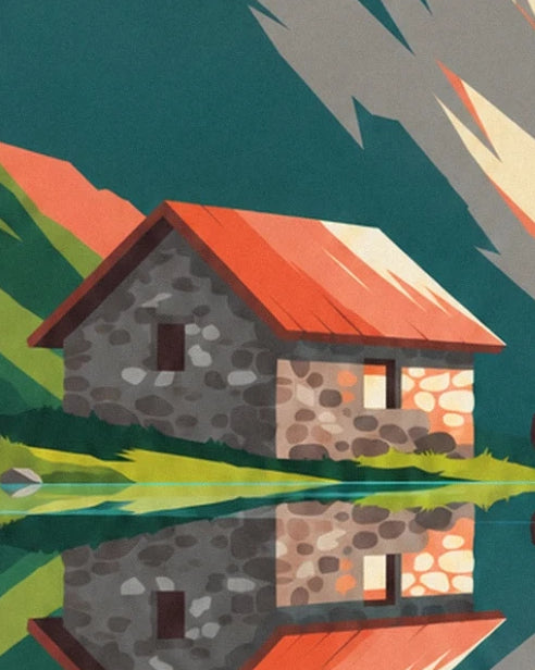 The stone mountain hut with an orange-red roof and its reflection in the alpine lake