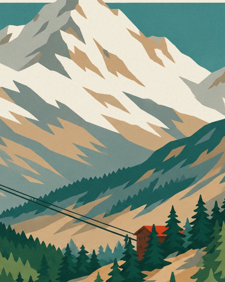 Hiker facing a cable car and snowy mountain poster: close-up detail