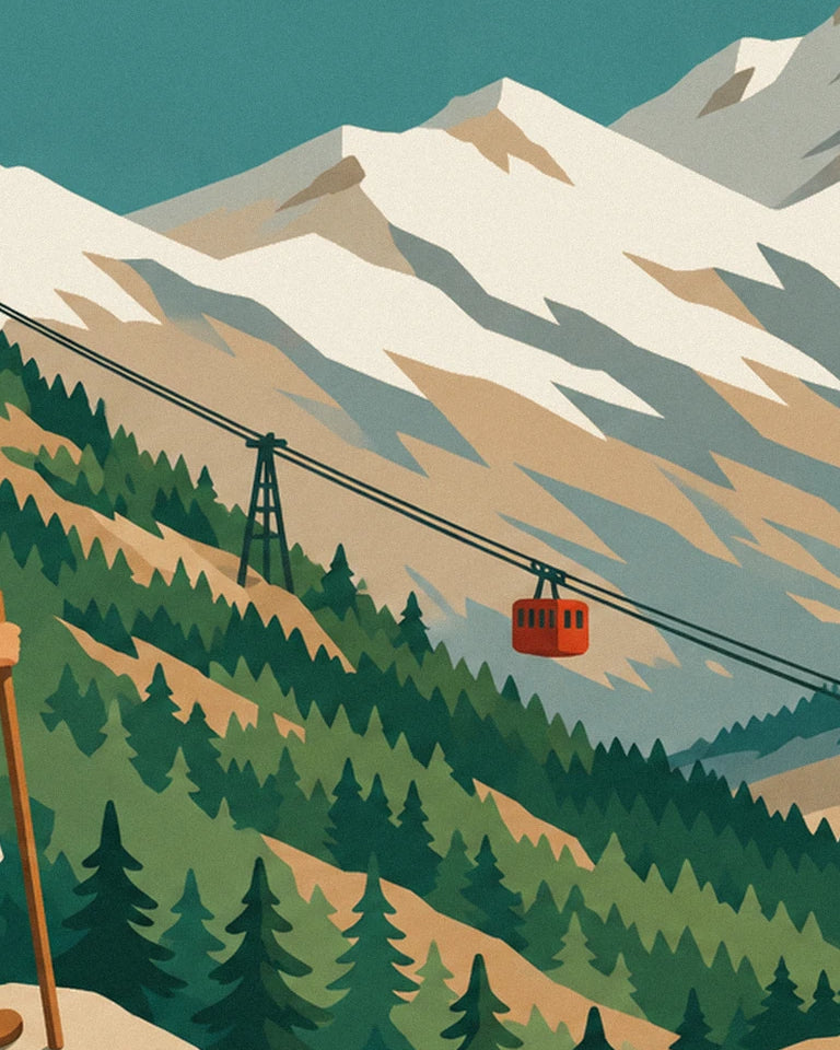 Hiker facing a cable car and snowy mountain poster: close-up detail