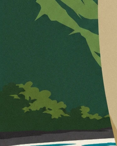 Light green leaves against dark vegetation, near the beige sail