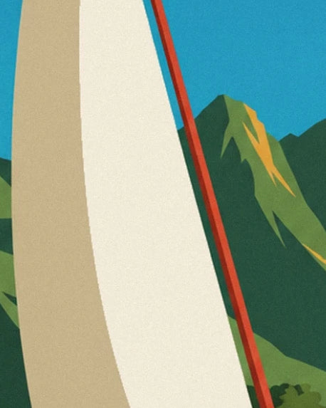 The large cream sail and its red mast against the green mountains of Tahiti