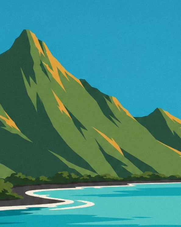 Green mountains with golden ridges along the turquoise lagoon of Tahiti