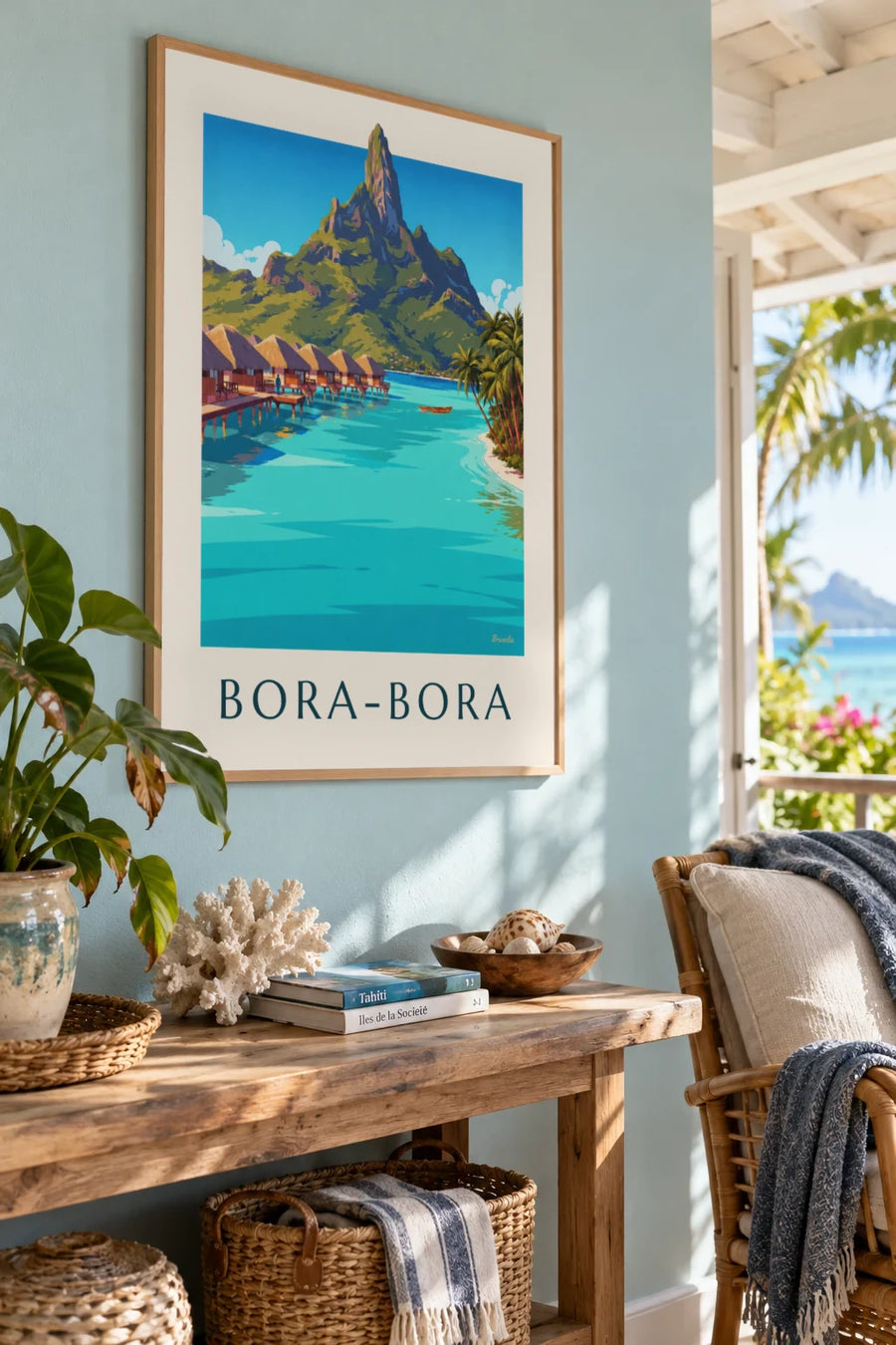 Affiche lagon de Bora-Bora, bungalows et mont Otemanu : encadrée au mur