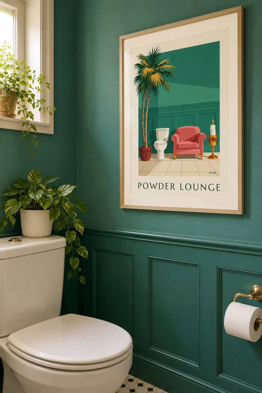 Affiche humoristique toilettes façon lounge et papier toilette : encadrée au mur