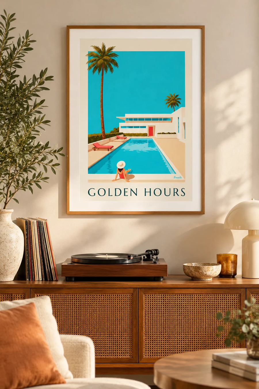 Poster weiße Villa im modernistischen Stil mit Pool und Palmen: gerahmt an der Wand