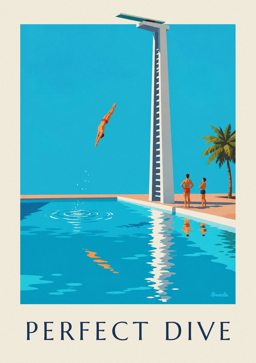 Poster tuffatore in pieno tuffo sopra una piscina
