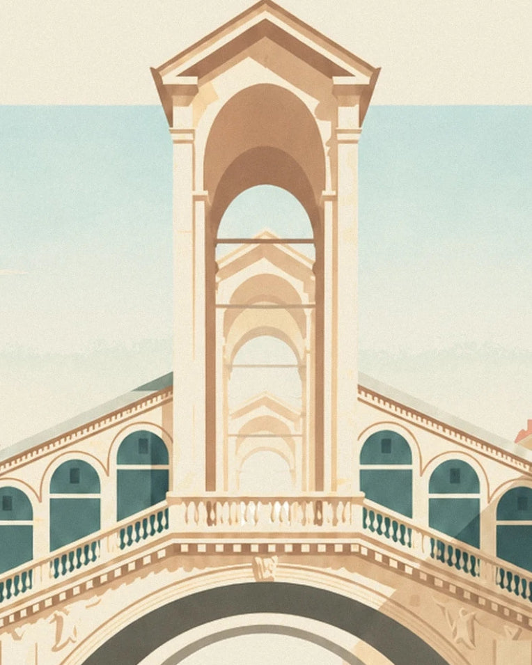 The cream arches and balustrades of the Rialto bridge against a pale blue background