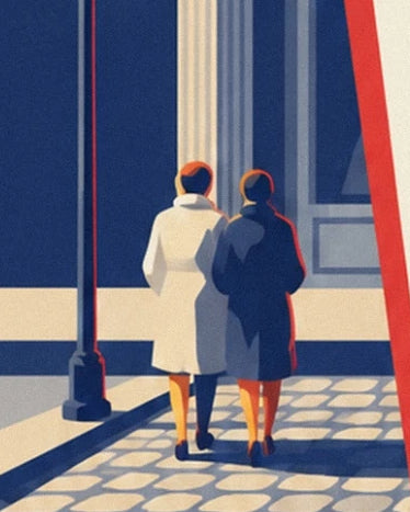 The 2 figures seen from behind in light and dark coats near the street lamp