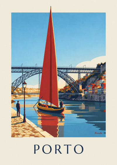 Poster of the Dom Luís Bridge and a rabelo boat on the Douro in Porto: the full poster