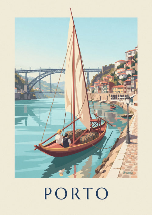 Poster of the Dom Luís I Bridge in Porto and a rabelo boat on the Douro: the full poster