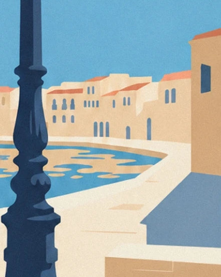Le réverbère bleu sombre devant les façades claires et les reflets du port