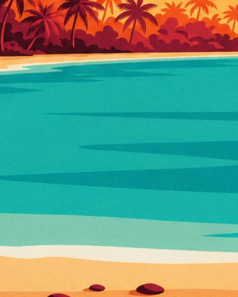 Das türkisfarbene Wasser vor den Palmen und die roten Kiesel am Strand
