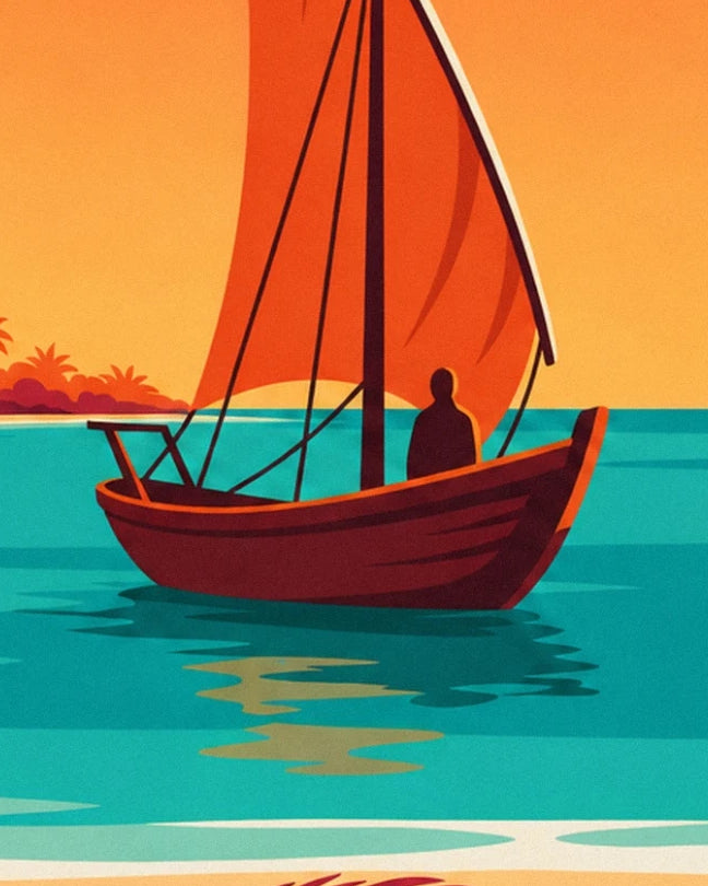 Die Dau mit orangefarbenem Segel und dem Seemann als Silhouette auf türkisfarbenem Wasser
