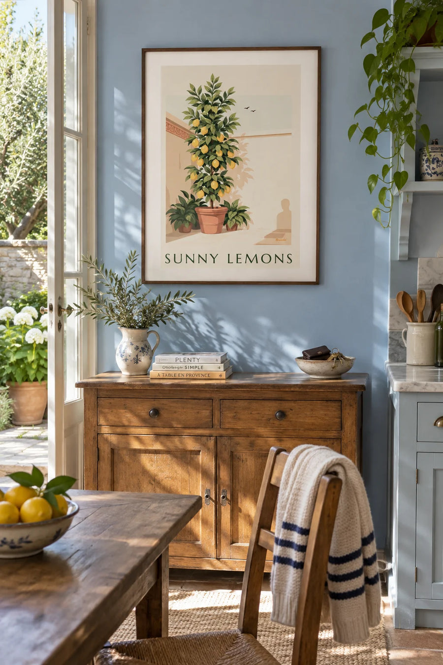 Affiche citronnier en pot de terre cuite et plantes vertes : encadrée au mur
