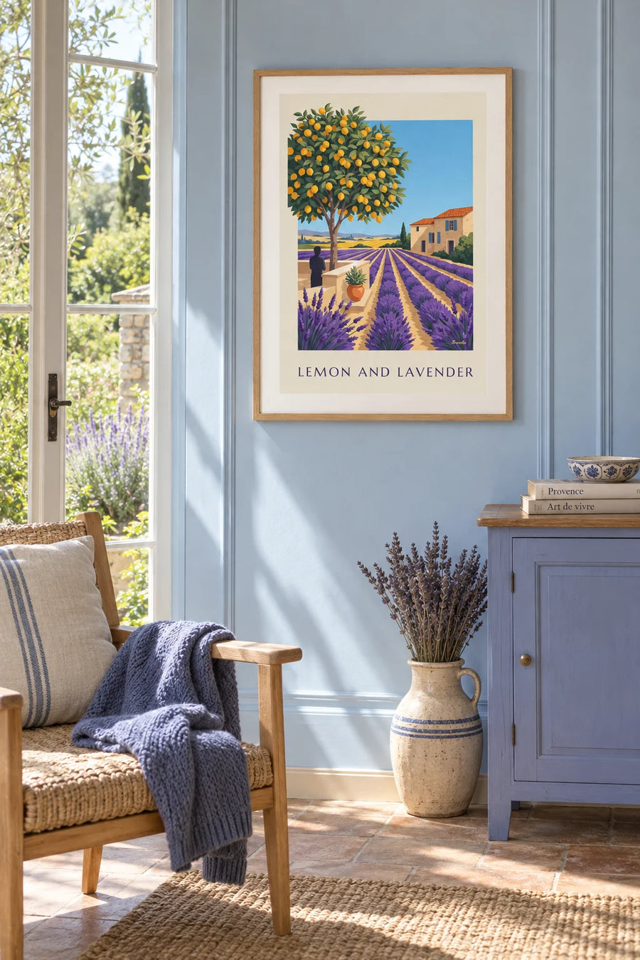 Poster of lavender, a lemon tree and a Provençal house with blue shutters: framed on the wall