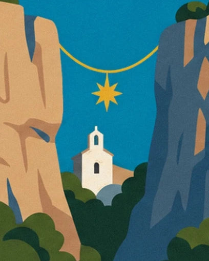 The golden star suspended between the cliffs above a white chapel