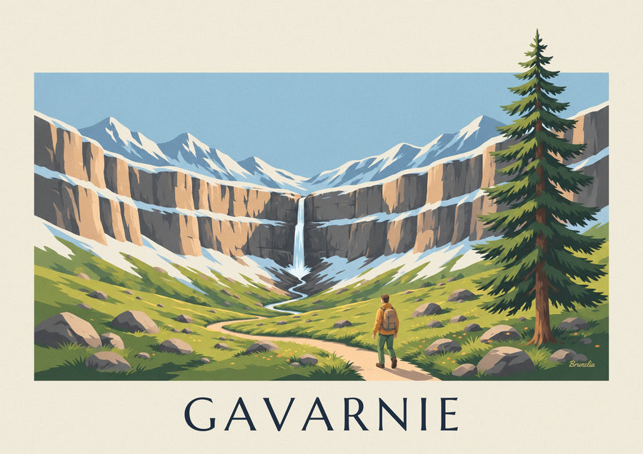 Poster escursionista davanti alla cascata del circo di Gavarnie