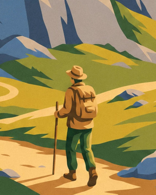 Le randonneur au chapeau et sac à dos, bâton en main, sur le sentier de l'alpage