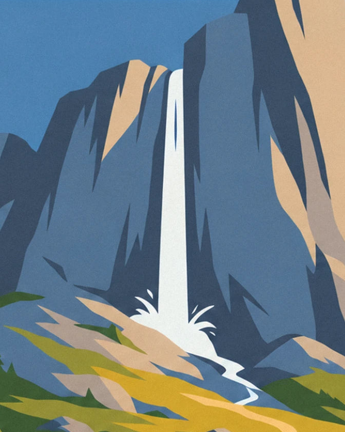 La cascade blanche qui tombe de la paroi grise et bleue et éclabousse les rochers