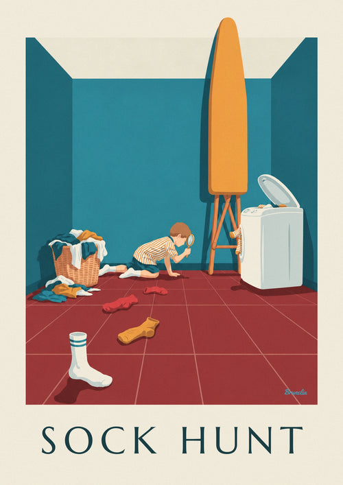 Poster umoristico bambino con la lente d'ingrandimento sulle tracce dei calzini: il poster intero