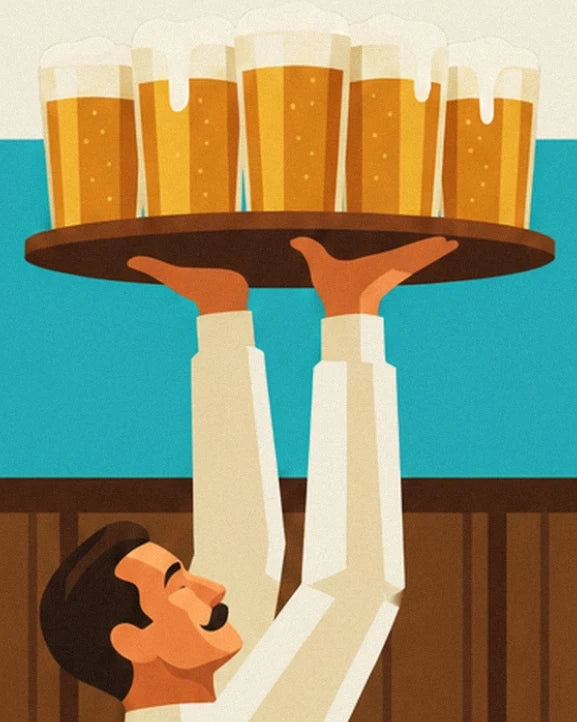 The moustached waiter holding aloft his tray of 5 frothy tankards of beer