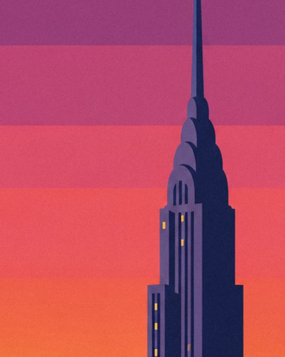 The spire of an Art Deco skyscraper silhouetted against a sky of pink and purple bands
