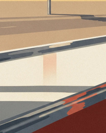 Le comptoir clair du diner, bordé de métal aux reflets gris et rouges