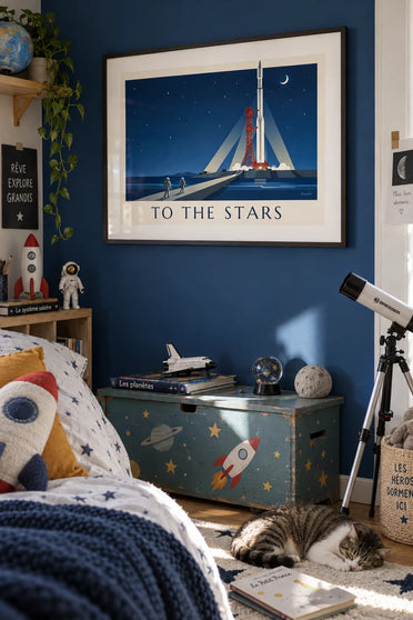 Poster di un razzo sulla rampa di lancio sotto un cielo stellato: incorniciato alla parete