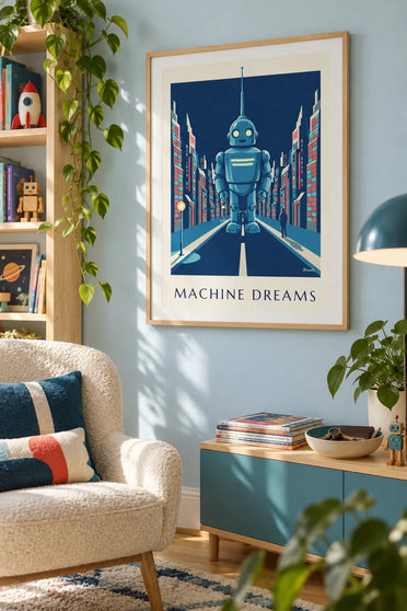 Poster robot futuristico con luci al neon in una città di notte: incorniciato alla parete